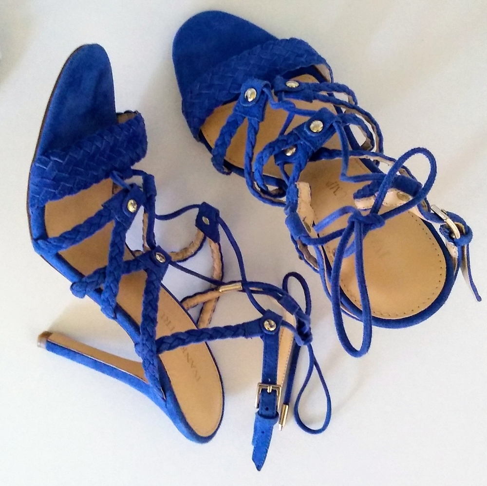 Ivanka Trump | suede tie up heels + royal blue
